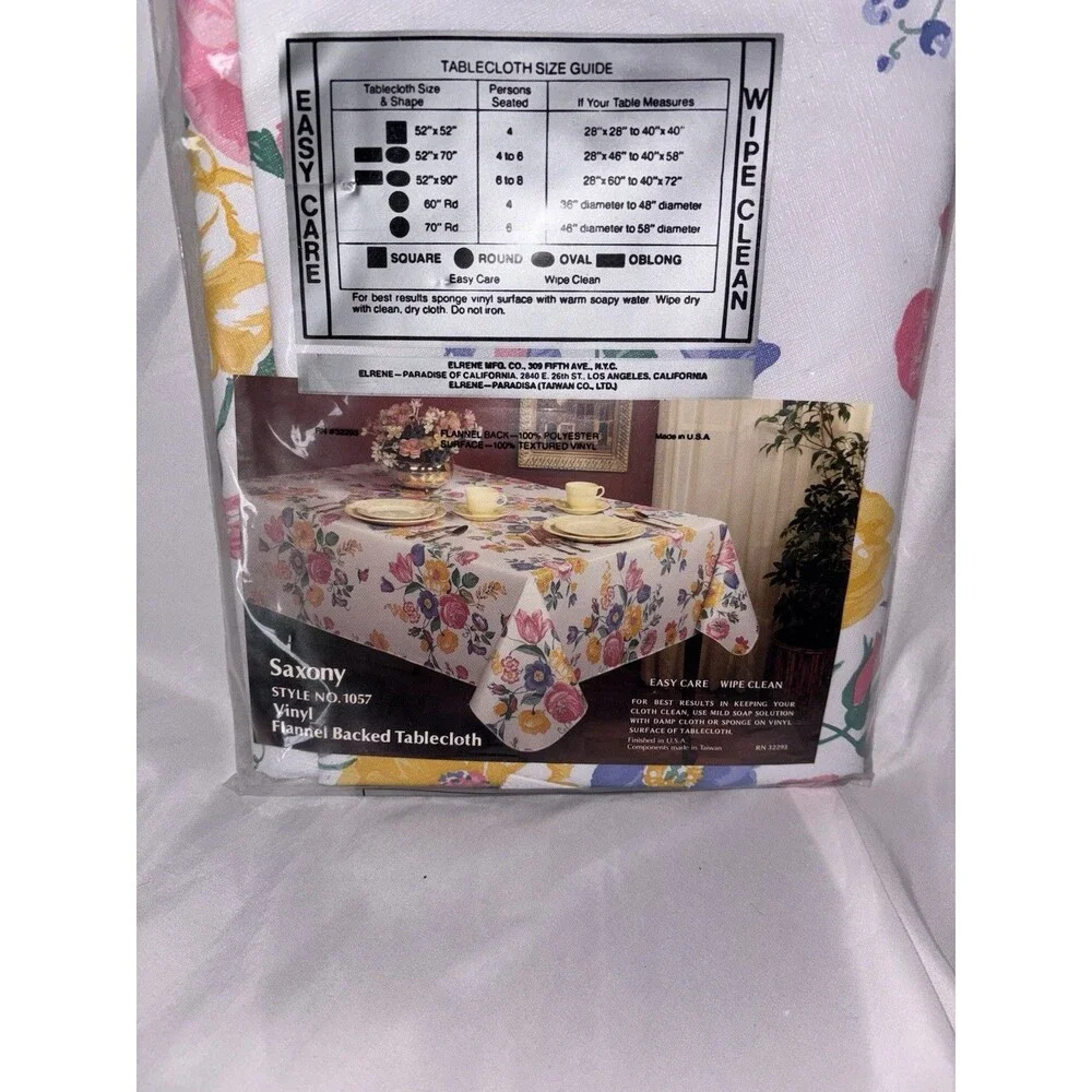 Saxony Vinyl Floral Round Tablecloth 60 in Flannel Backed Wipe Clean Vintage